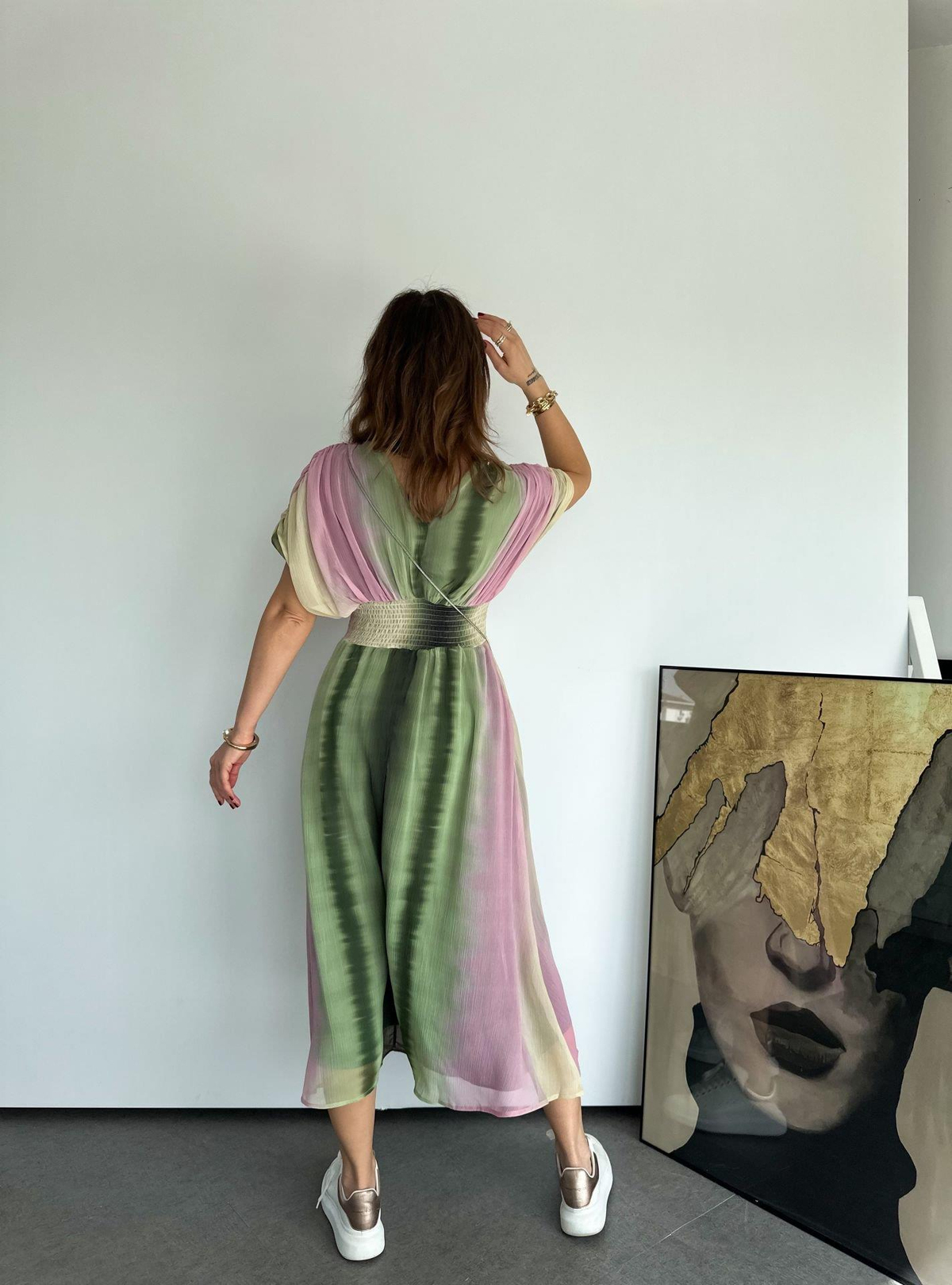 Yeşil Batik Desenli Drapeli Elbise