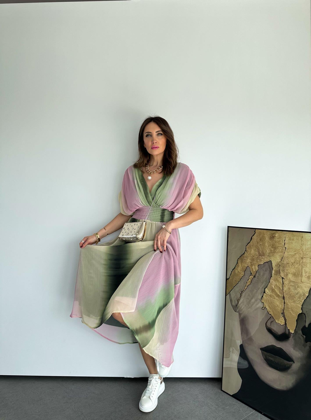 Yeşil Batik Desenli Drapeli Elbise