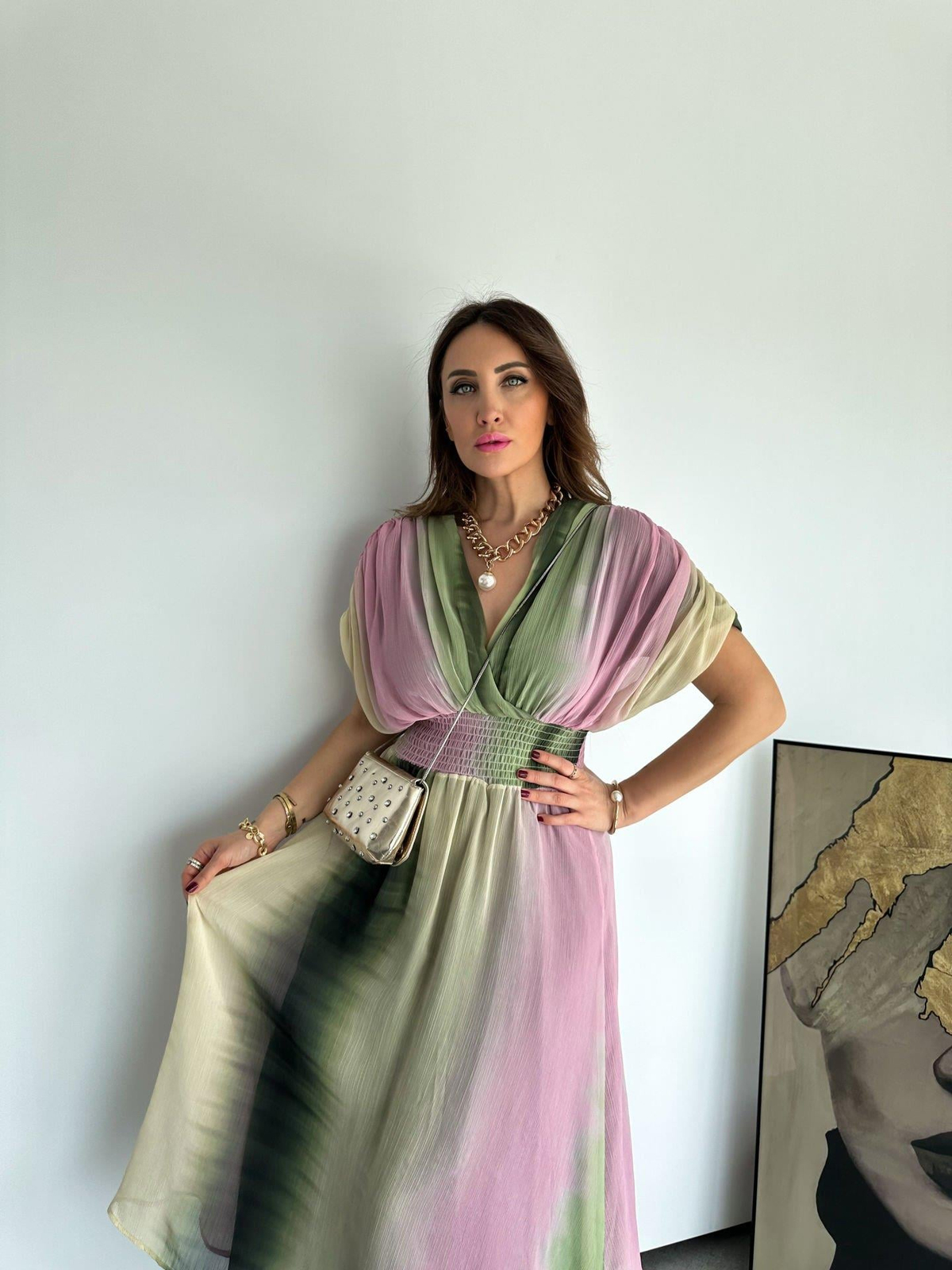 Yeşil Batik Desenli Drapeli Elbise