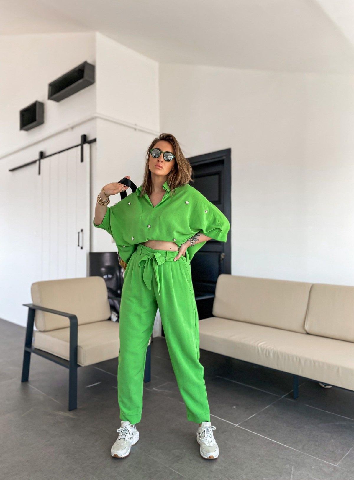 Yeşil Beli Kuşaklı Pileli Pantolon