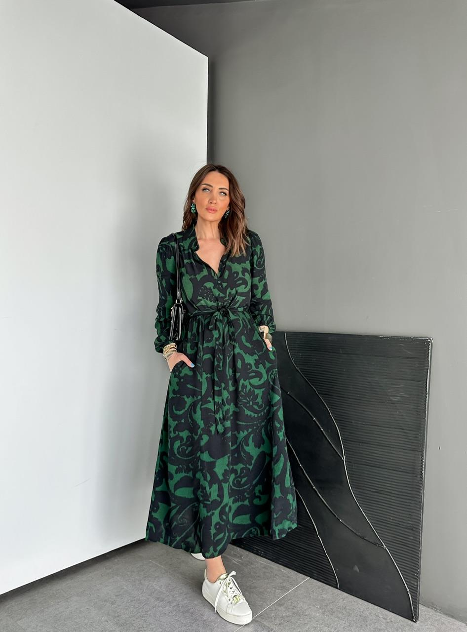 Yeşil Desen Kuşaklı Orijinal Elbise