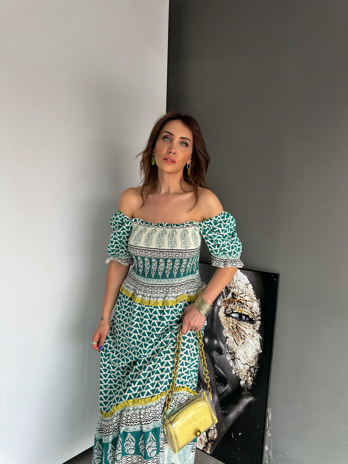 Yeşil Etnik Madonna Yaka Elbise