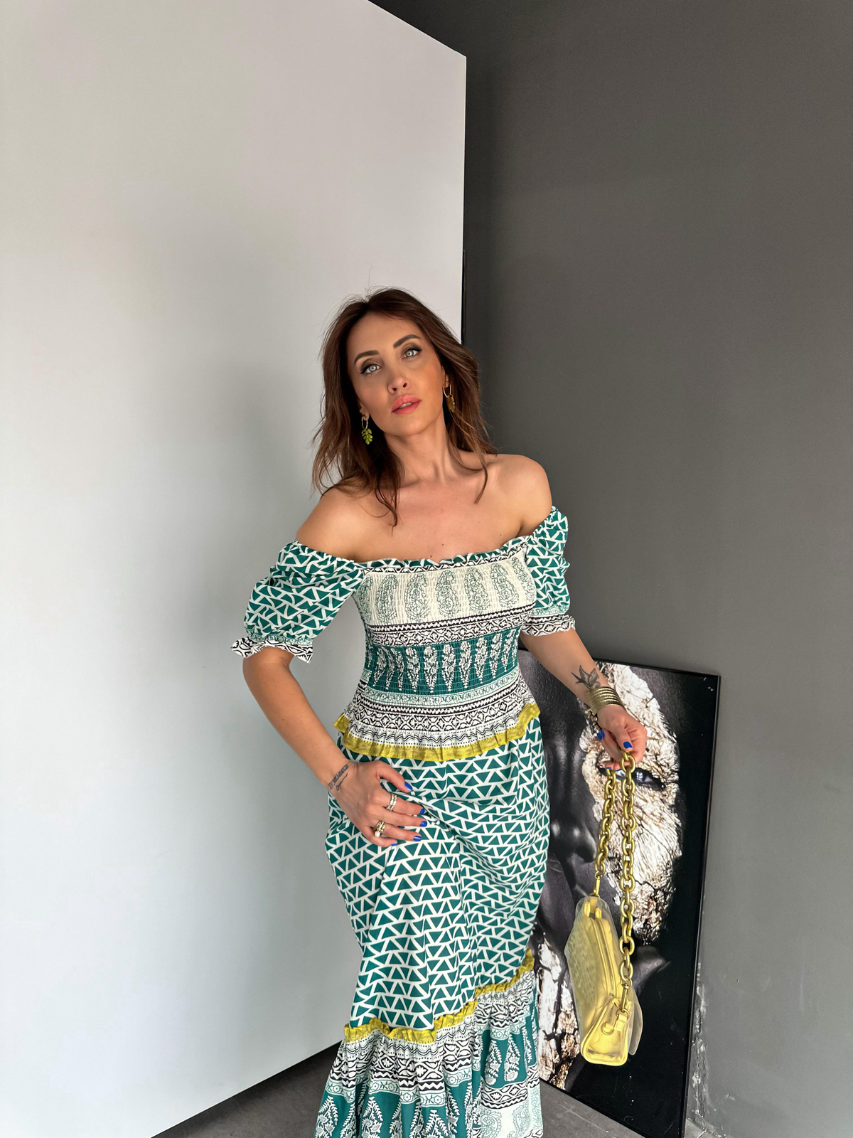 Yeşil Etnik Madonna Yaka Elbise