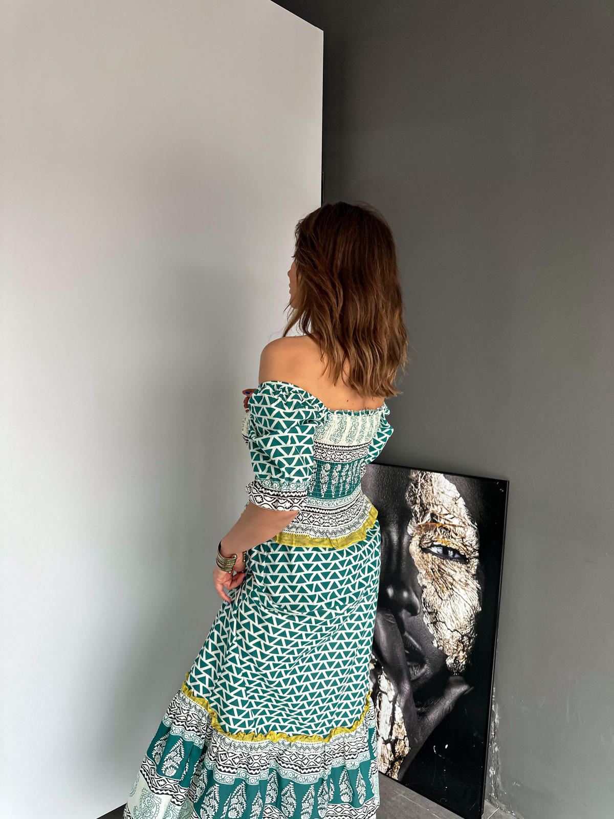 Yeşil Etnik Madonna Yaka Elbise