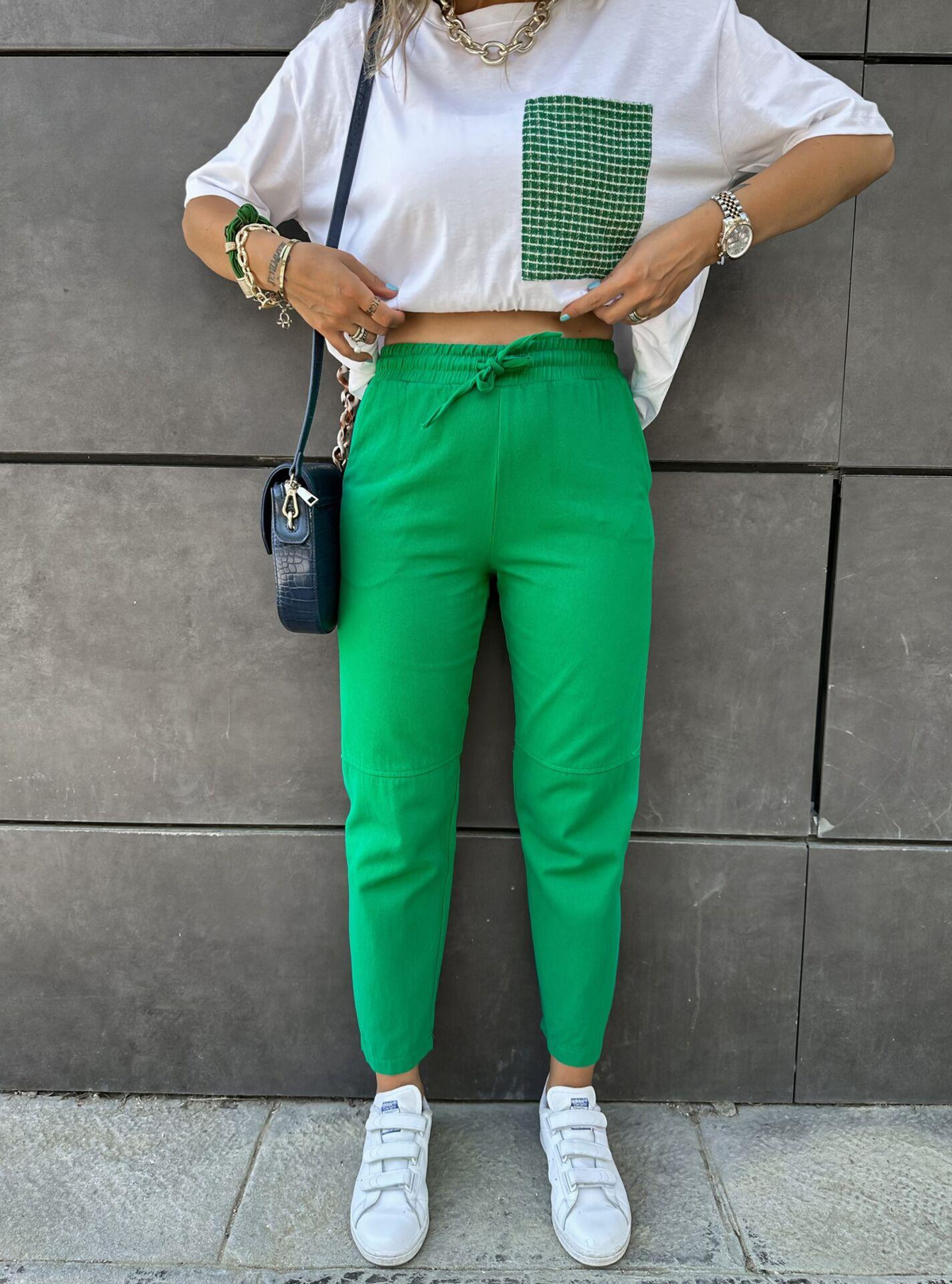 Yeşil Gabardin Çımalı Pantolon