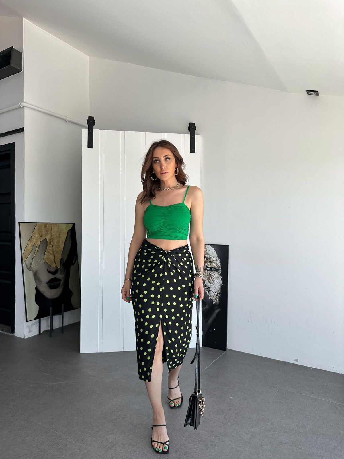 Yeşil İp Askılı Drapeli Crop