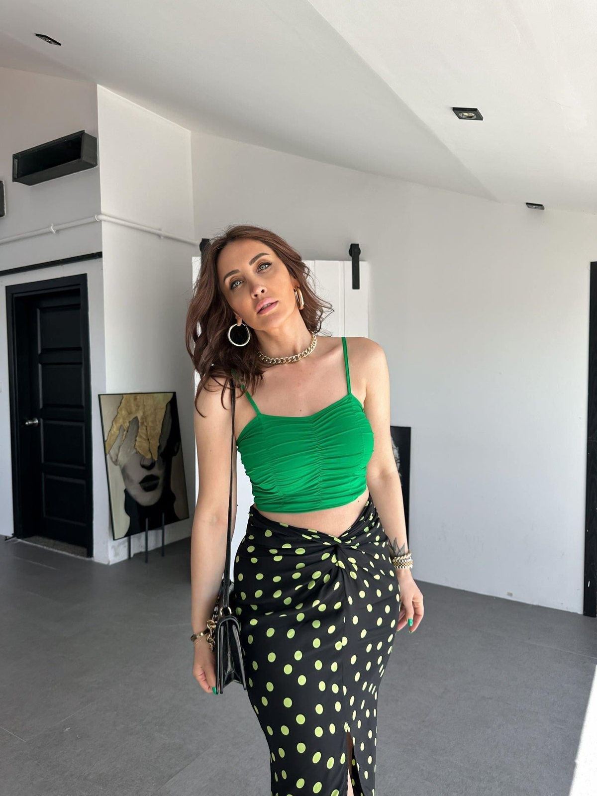 Yeşil İp Askılı Drapeli Crop