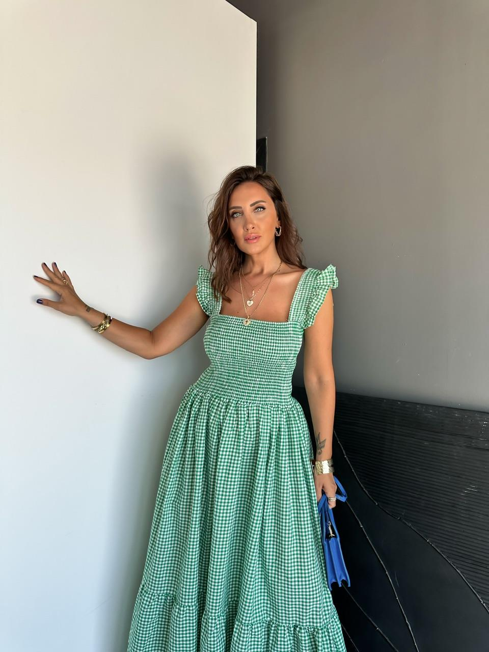 Yeşil Piti Kareli Maxi Elbise