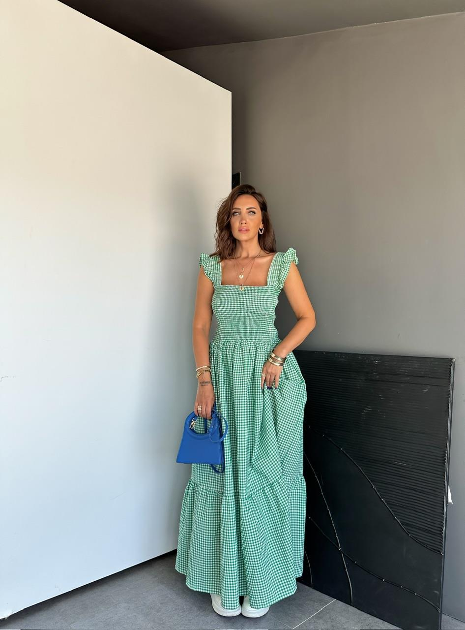 Yeşil Piti Kareli Maxi Elbise