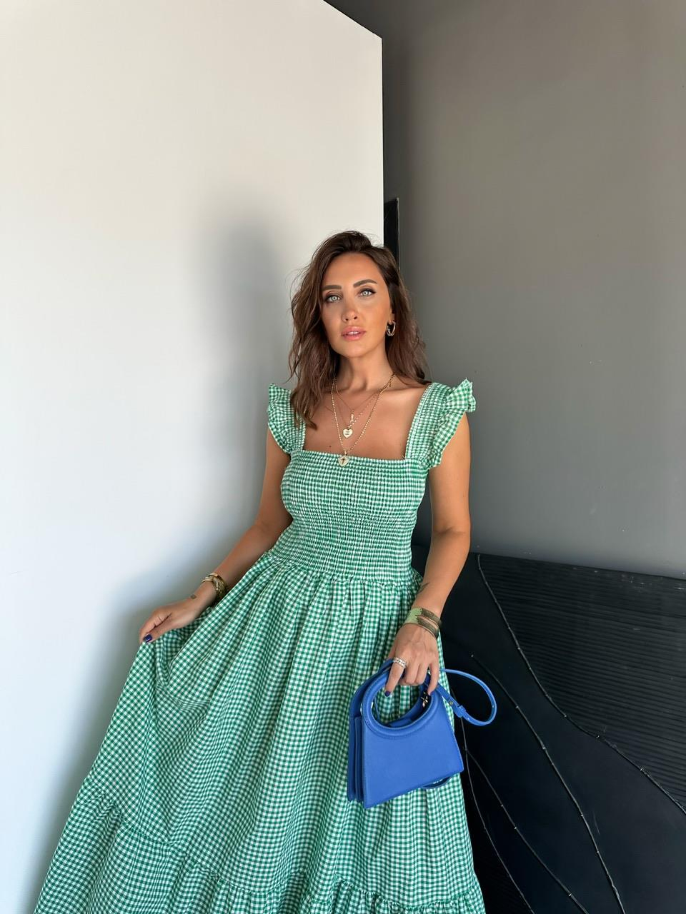 Yeşil Piti Kareli Maxi Elbise