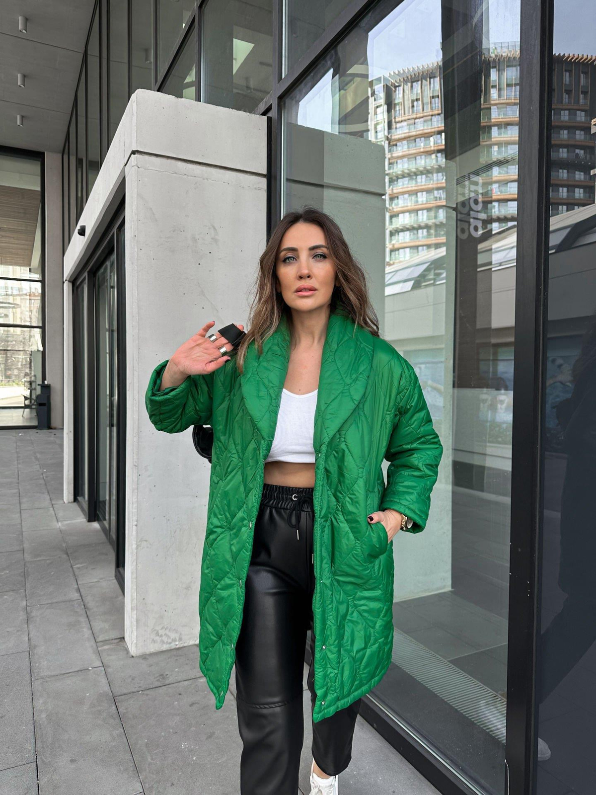 Yeşil Şal Yaka Kapitone Çıtçıtı Mont