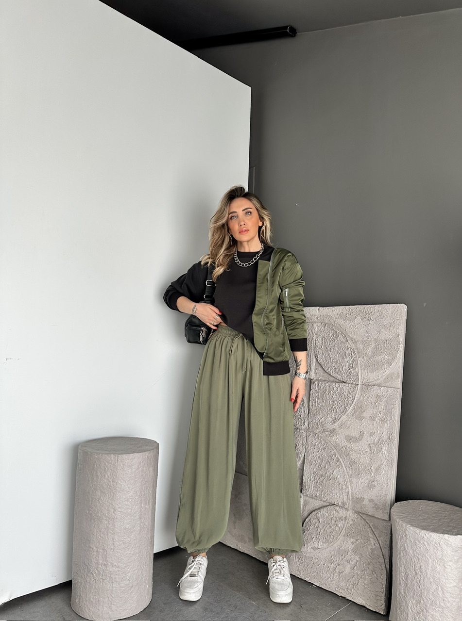 Yeşil Tensel Beli Lastikli Şalvar Pantolon
