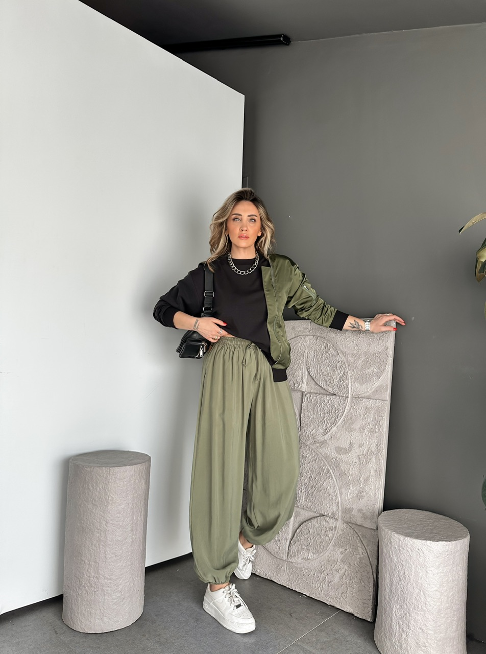 Yeşil Tensel Beli Lastikli Şalvar Pantolon