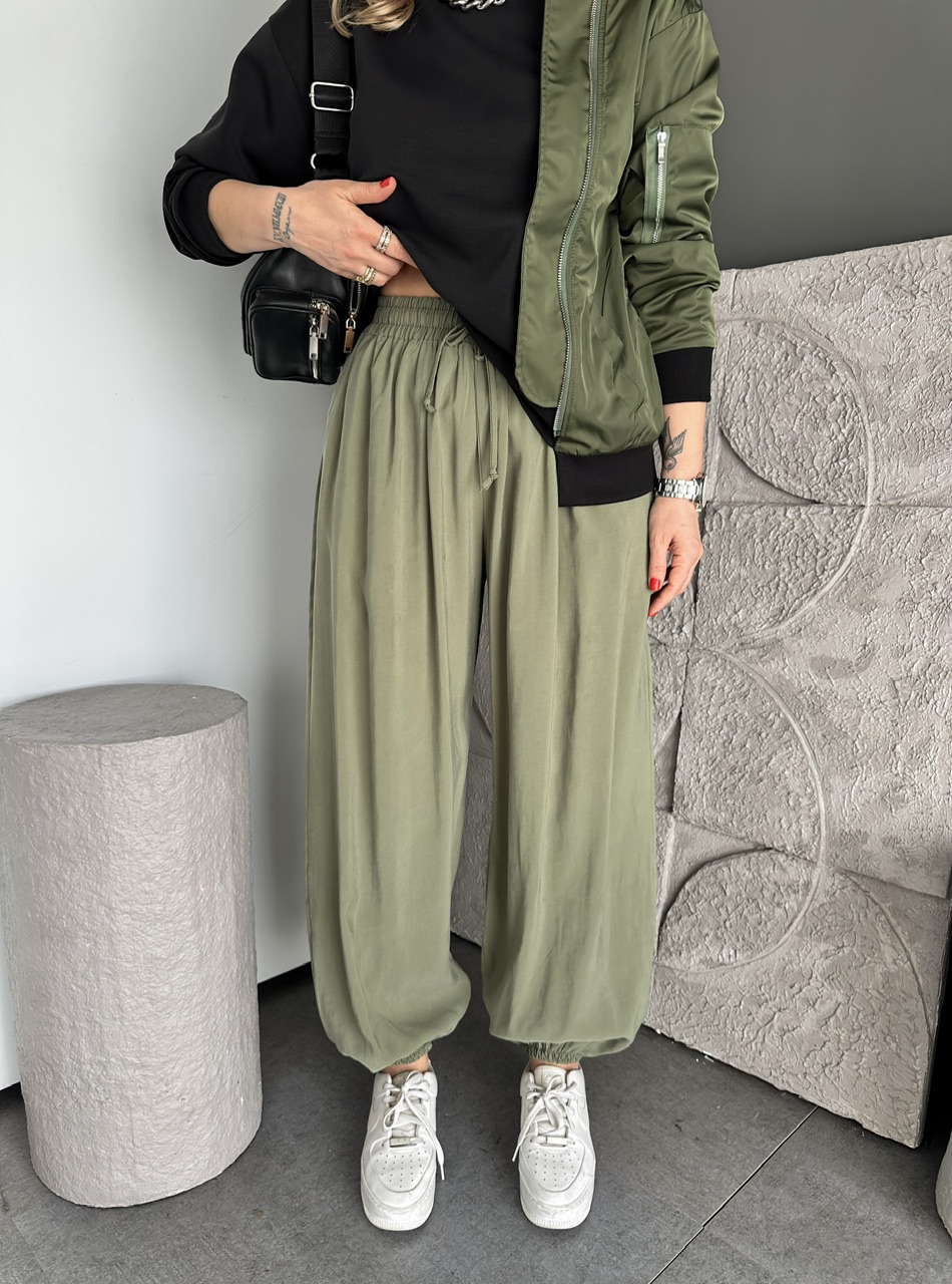 Yeşil Tensel Beli Lastikli Şalvar Pantolon
