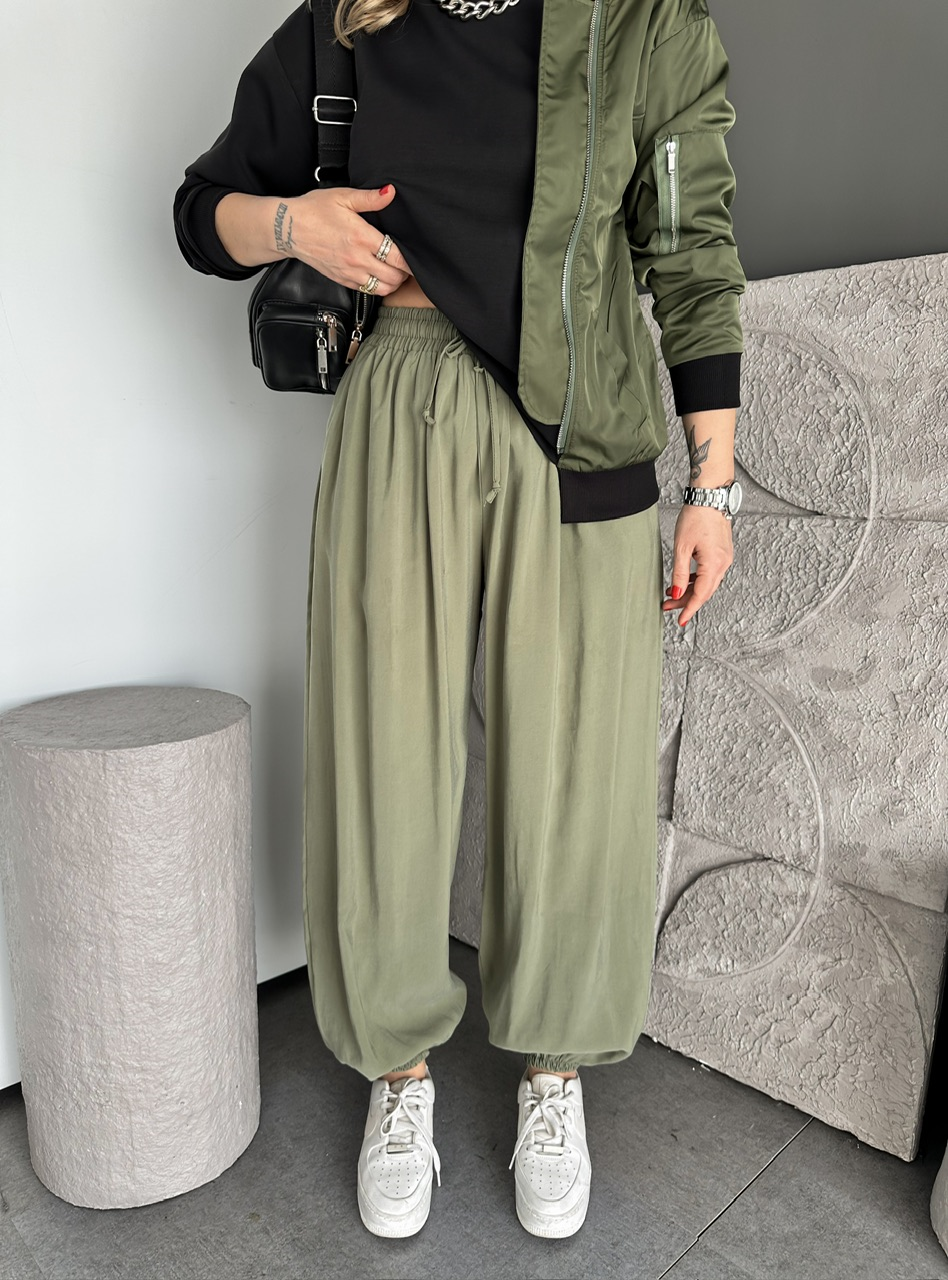 Yeşil Tensel Beli Lastikli Şalvar Pantolon