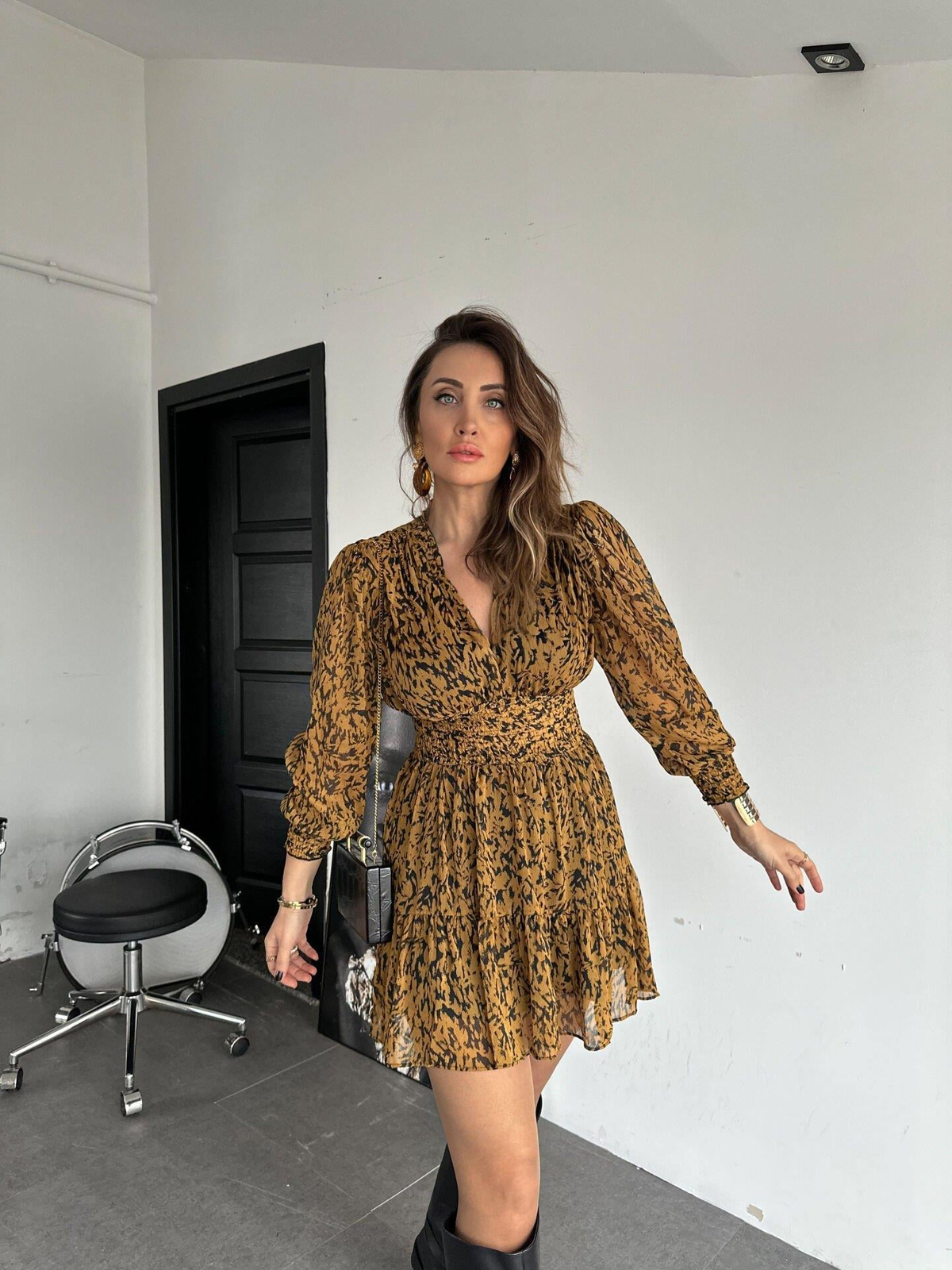 Zebra Desenli Beli Lastikli Şifon Elbise