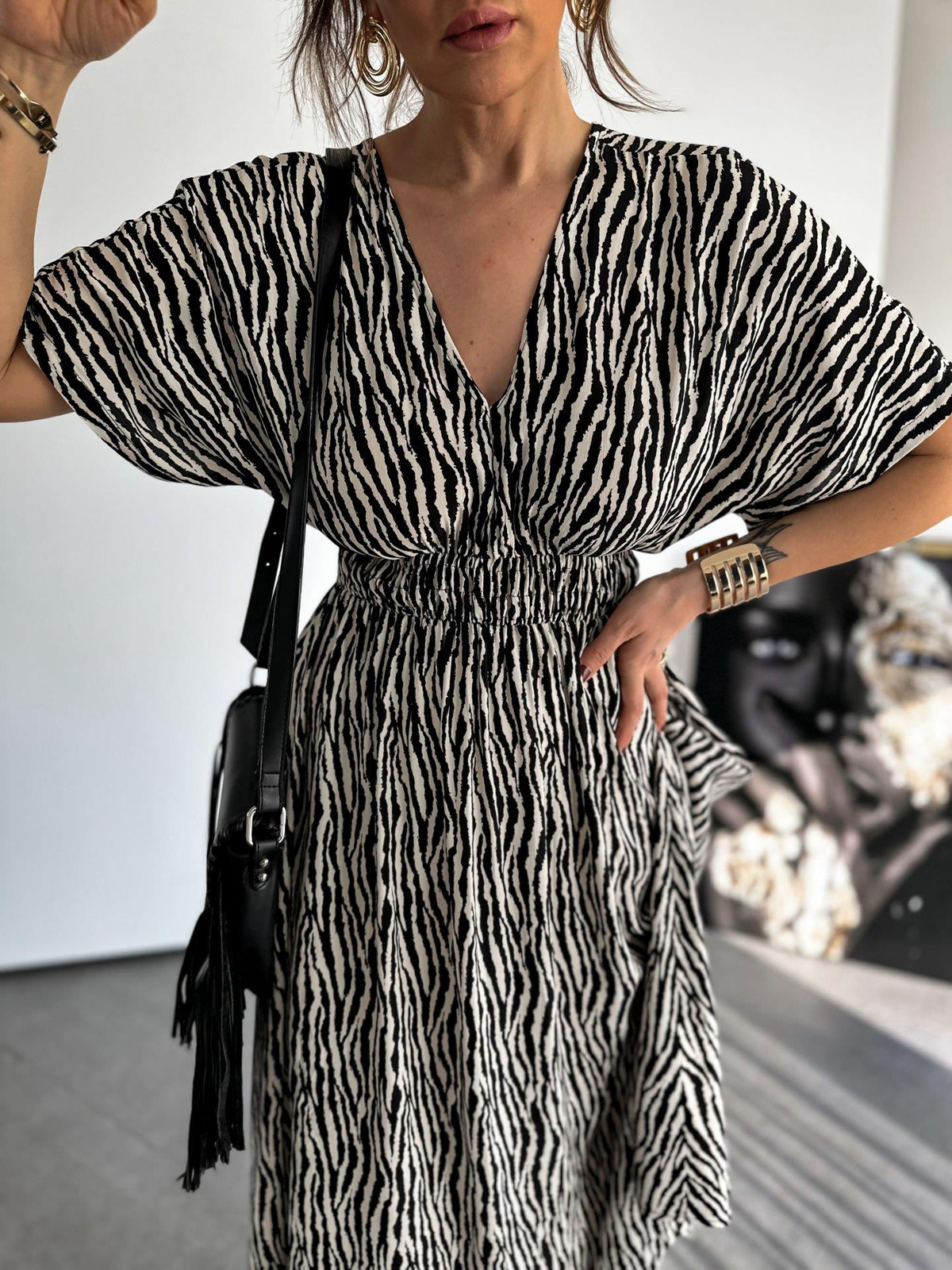 Zebra Yarasa Kol Beli Lastikli Elbise