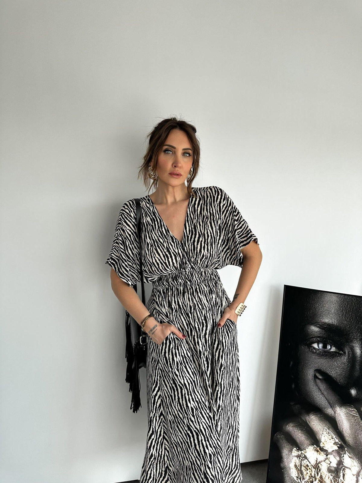 Zebra Yarasa Kol Beli Lastikli Elbise