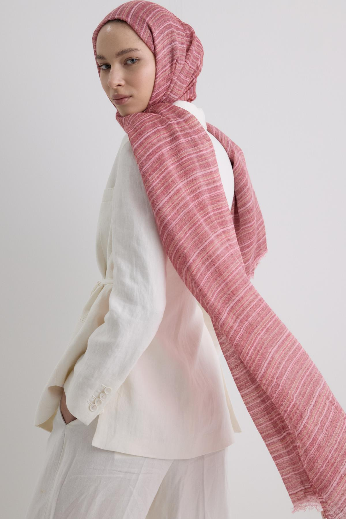 BABY PEMBE İNCE ÇİZGİLİ KETEN DOKULU PAMUKLU ŞAL