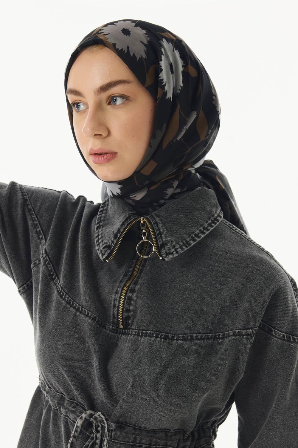 ELLA SİYAH ÇİÇEK DESEN PAMUKLU ŞAL