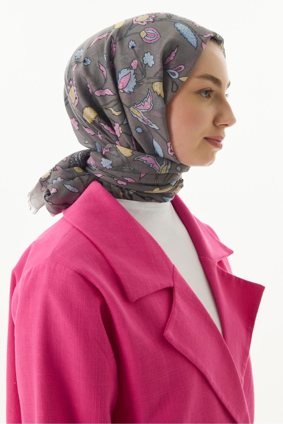 LİNA NİNE DESEN GRİ PUDRA PAMUKLU ŞAL