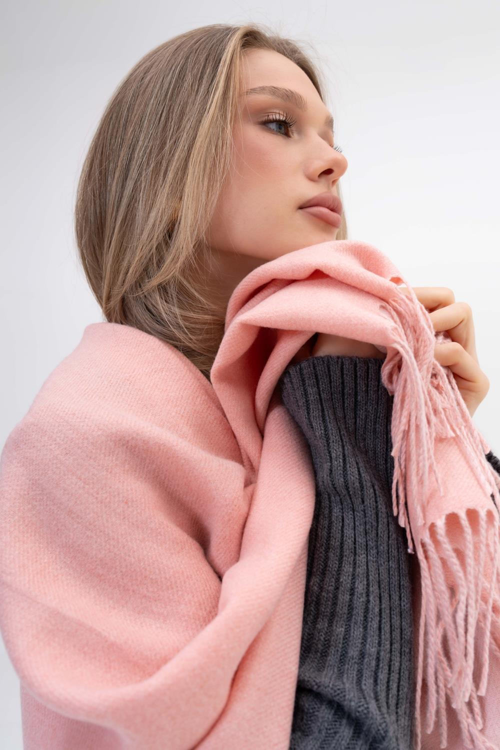 ALESSİ TOZ PEMBE ÇİFT TARAFLI YÜN-AKRİLİK KARIŞIM KIŞLIK ŞAL
