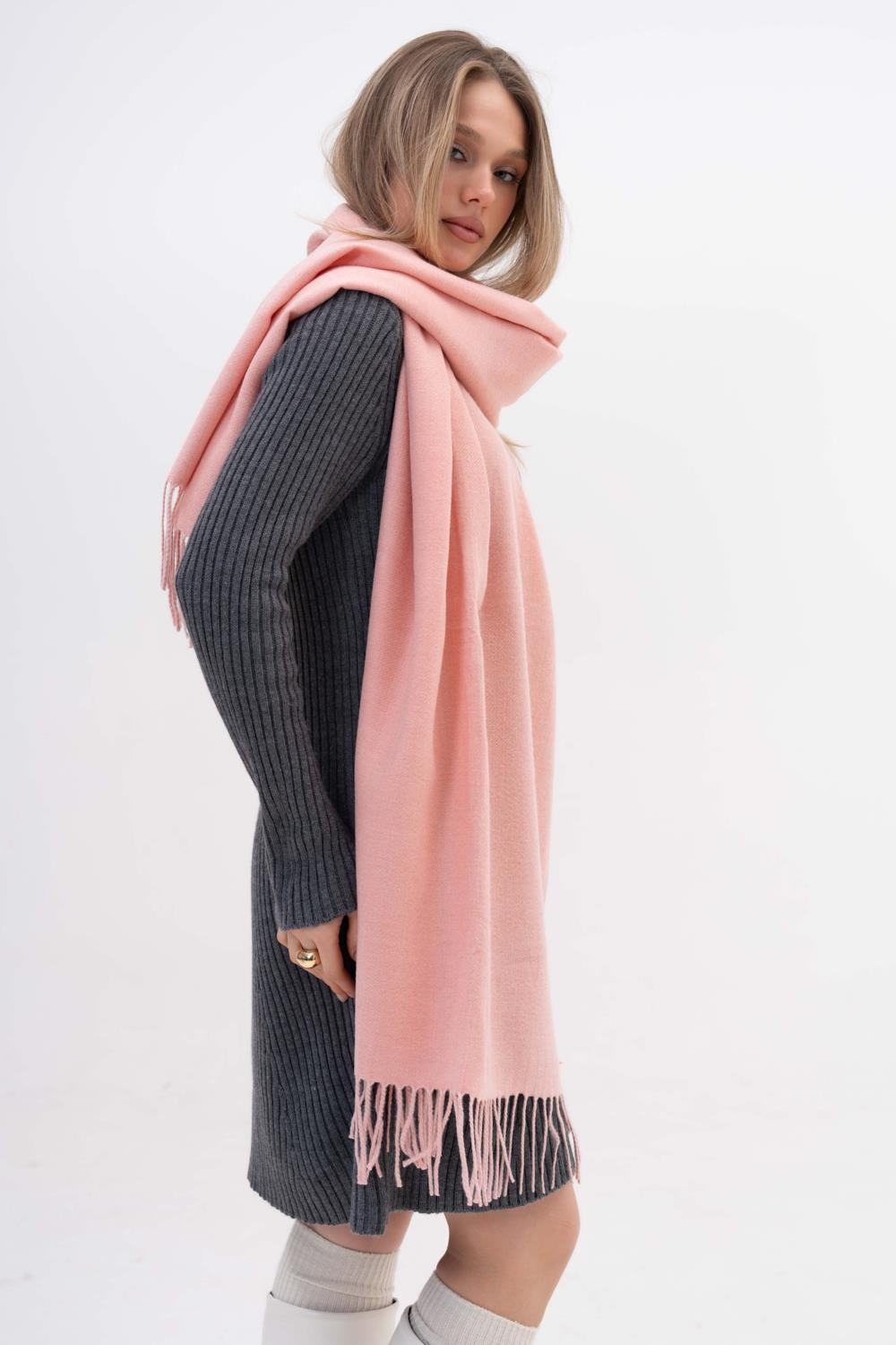 ALESSİ TOZ PEMBE ÇİFT TARAFLI YÜN-AKRİLİK KARIŞIM KIŞLIK ŞAL