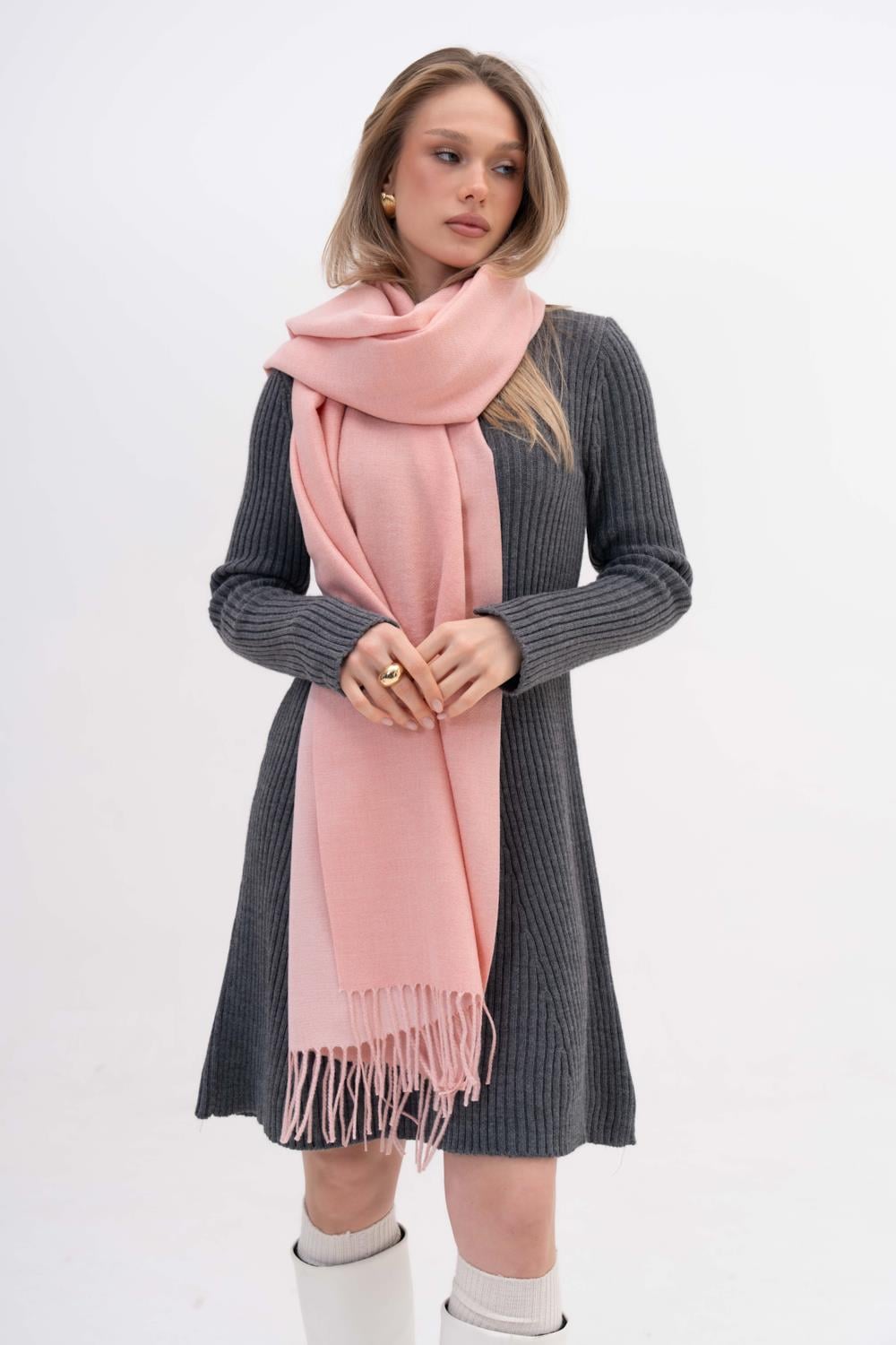 ALESSİ TOZ PEMBE ÇİFT TARAFLI YÜN-AKRİLİK KARIŞIM KIŞLIK ŞAL