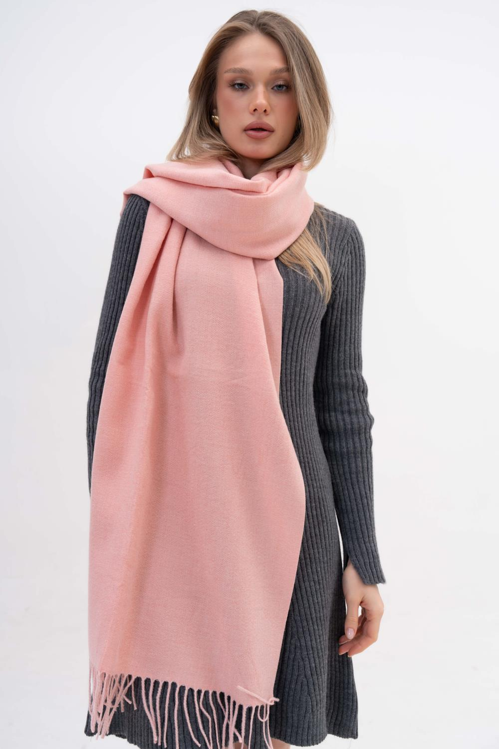 ALESSİ TOZ PEMBE ÇİFT TARAFLI YÜN-AKRİLİK KARIŞIM KIŞLIK ŞAL