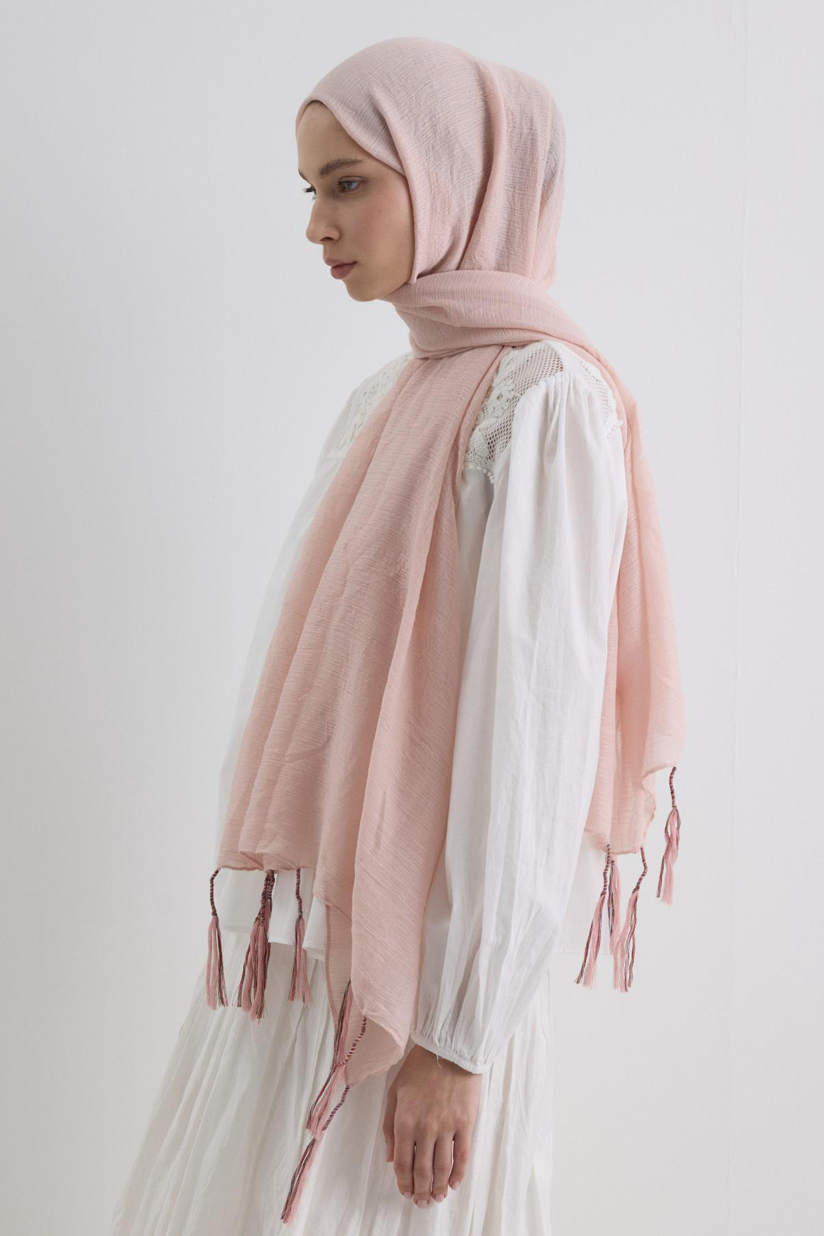 DREW TOZ PEMBE UZUN SAÇAKLI PAMUKLU ŞAL