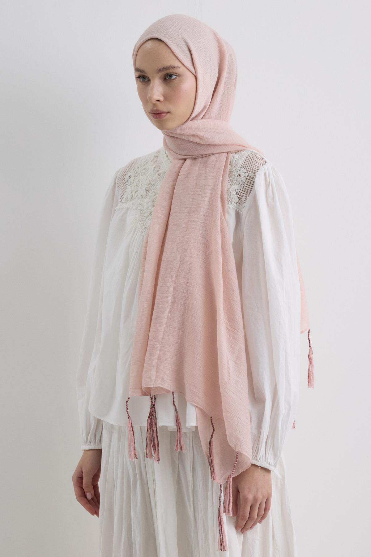 DREW TOZ PEMBE UZUN SAÇAKLI PAMUKLU ŞAL