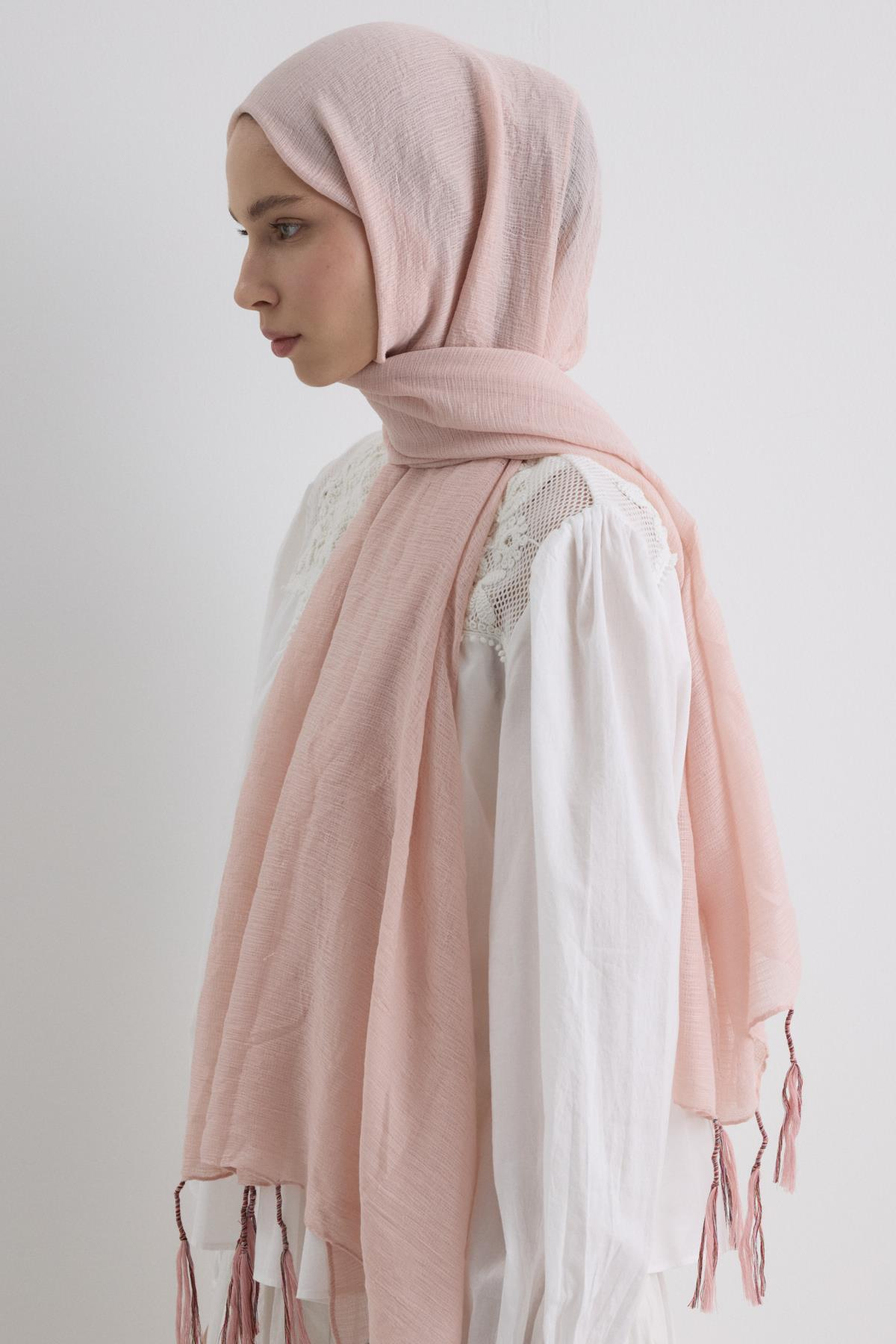 DREW TOZ PEMBE UZUN SAÇAKLI PAMUKLU ŞAL