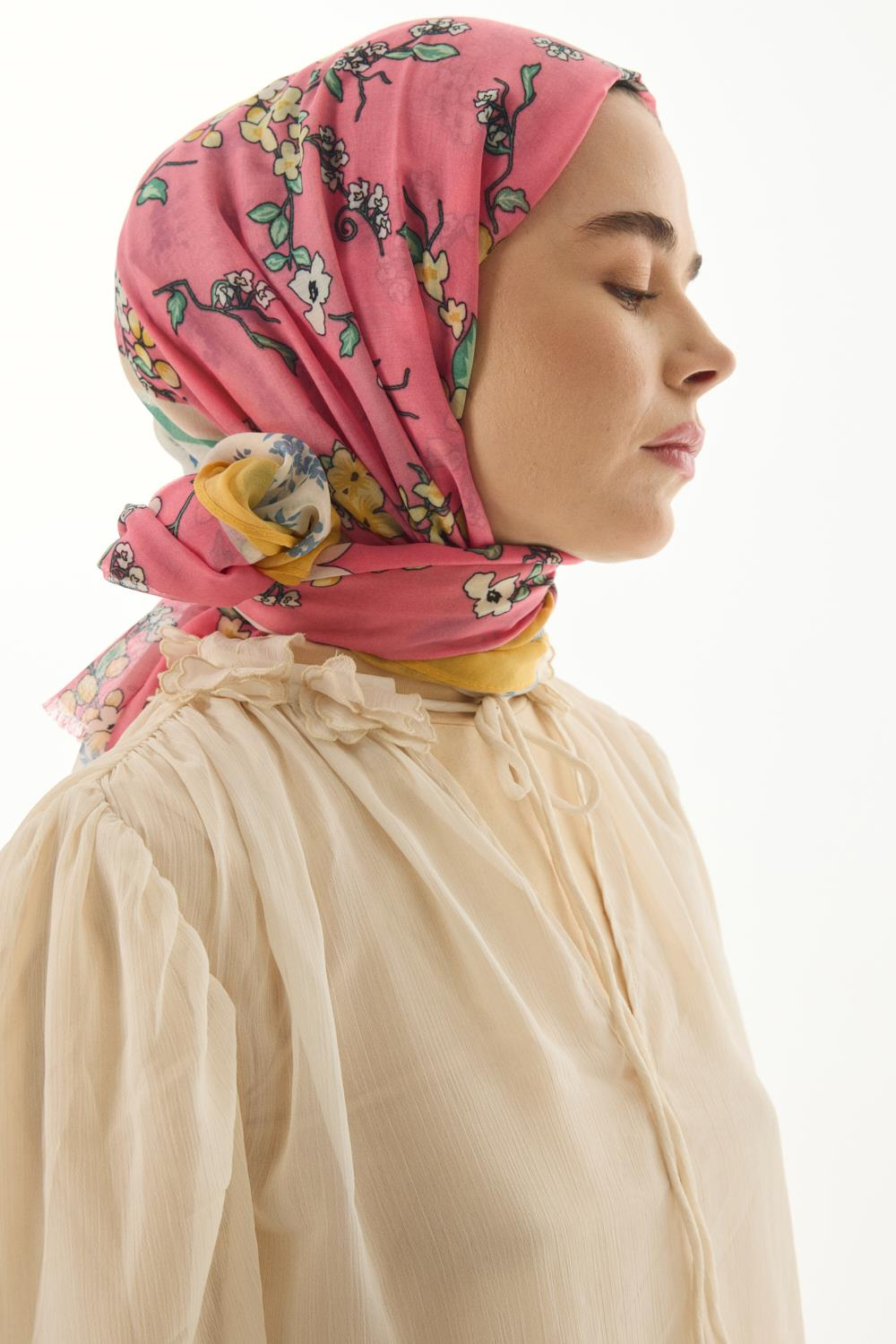 LİLAC ŞEKER PEMBE ÇİÇEK DESEN PAMUKLU ŞAL