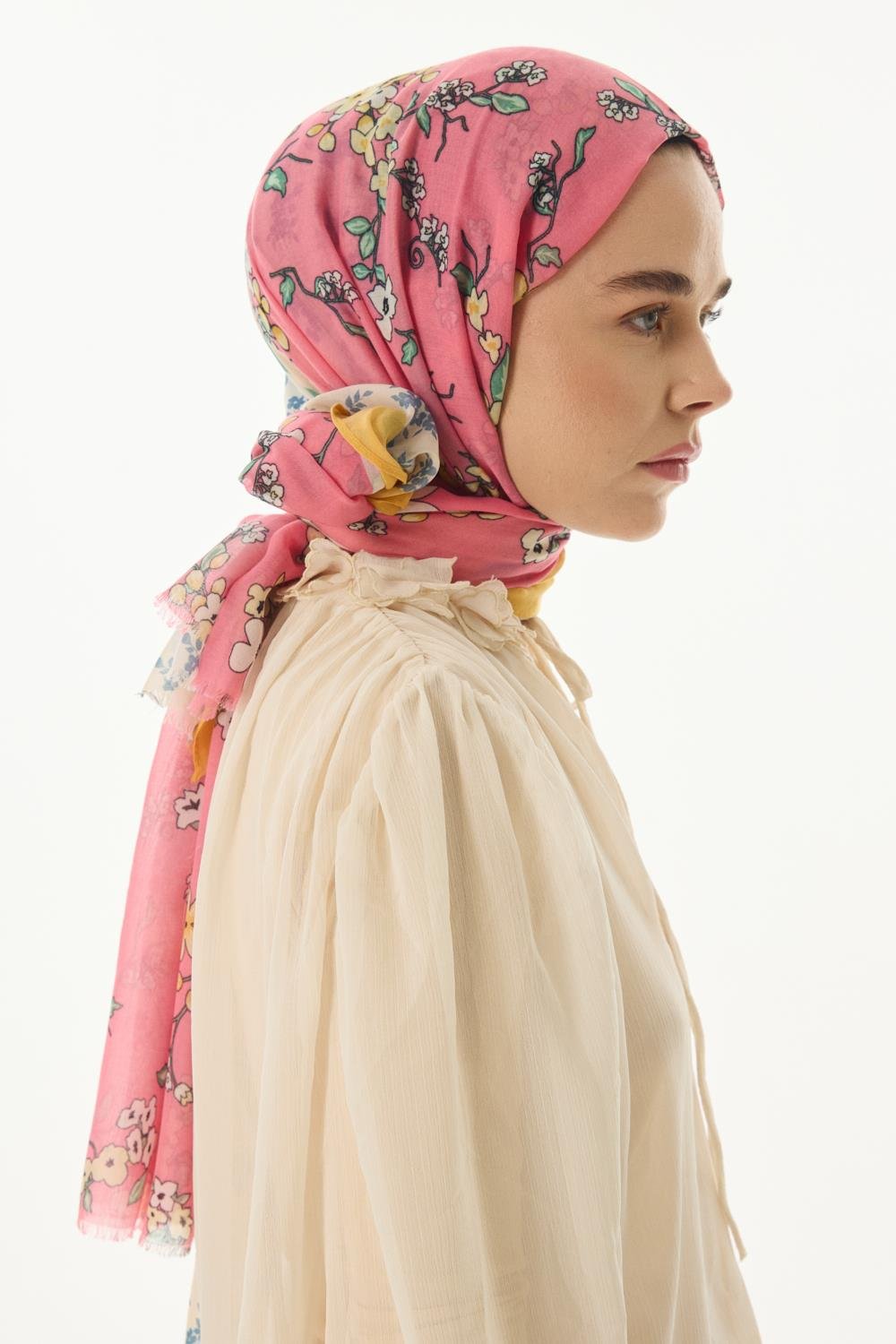 LİLAC ŞEKER PEMBE ÇİÇEK DESEN PAMUKLU ŞAL