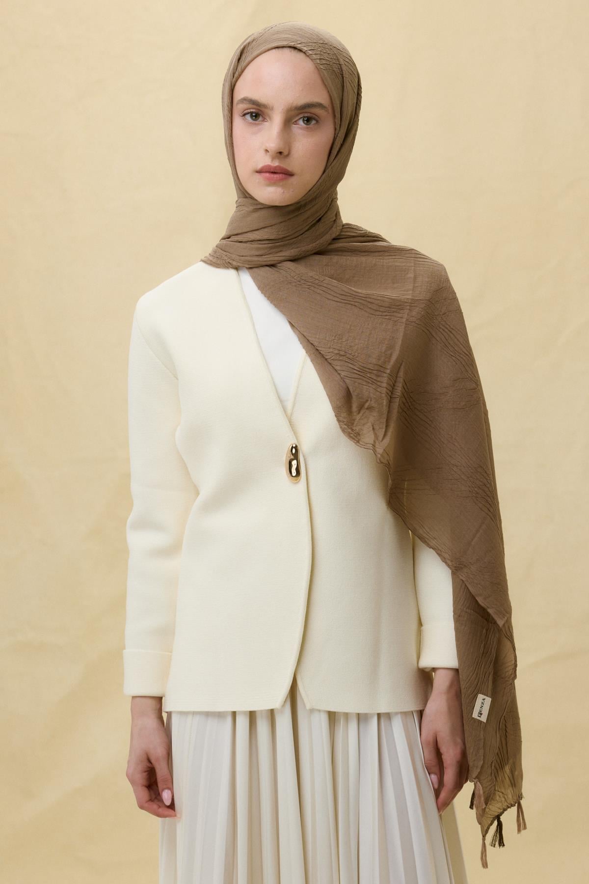 LİLYUM KOYU CAMEL SAÇAK PÜSKÜLLÜ PAMUKLU ŞAL