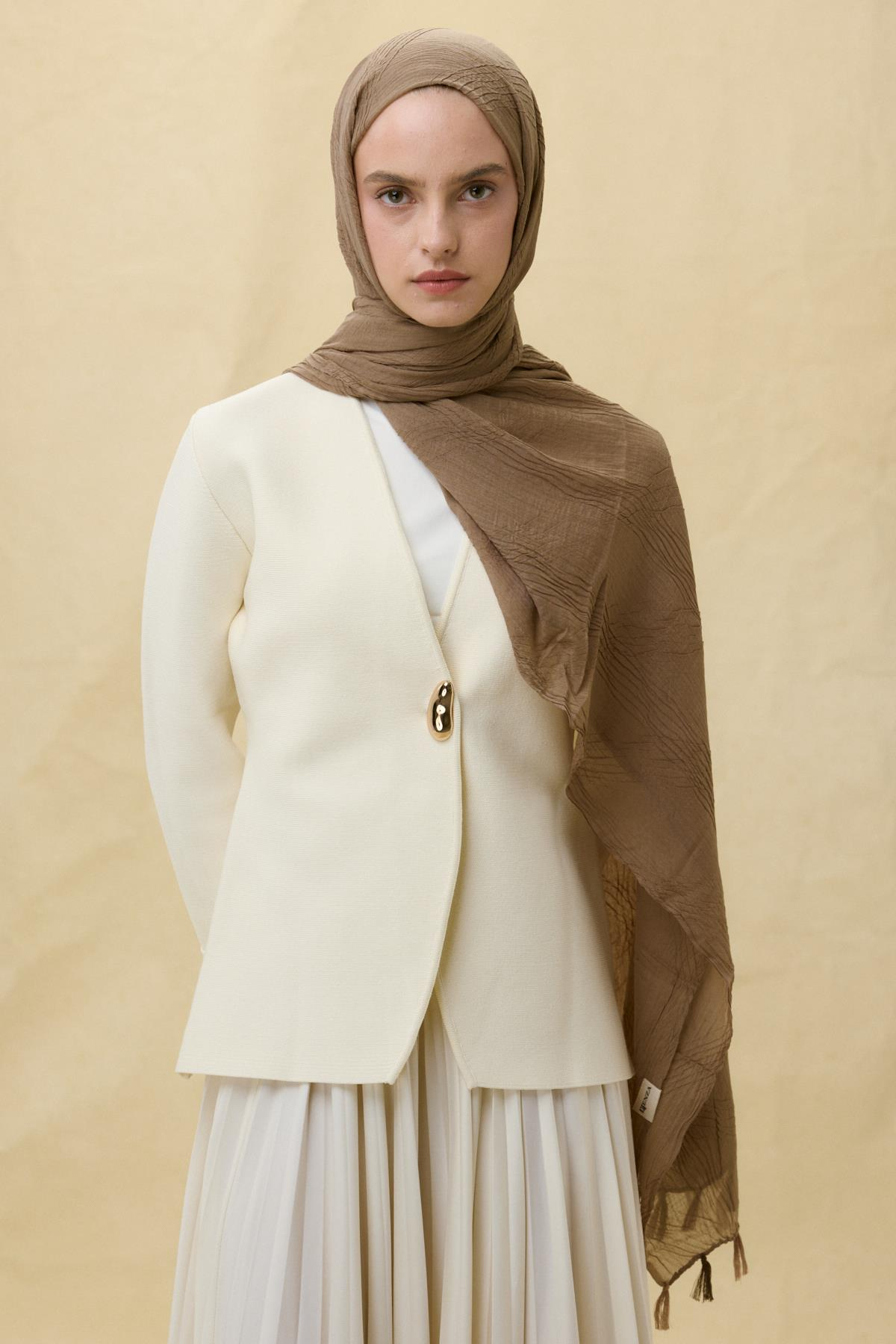 LİLYUM KOYU CAMEL SAÇAK PÜSKÜLLÜ PAMUKLU ŞAL