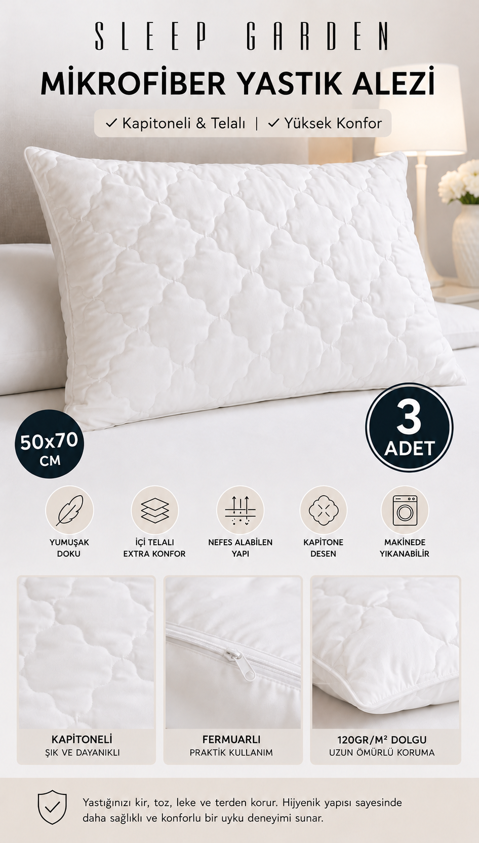Microfiber Kapitoneli Yüksek Kalite Yastık Alezi 50x70 3 AdetSleep Garden İçin Telalı Yastık Koruyucu Alez 3 Adet- Dayanıklı ve KoruyucuSleep Garden