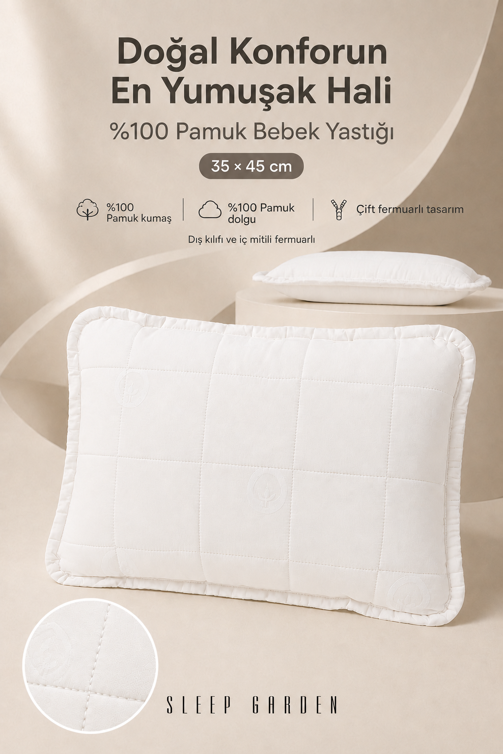 Sleep Garden %100 Organik Pamuk Bebek Yastık 35x45 cm Tela Çantalı Fermuarlı KılıflıSleep Garden %10 Pamuk Bebek Yastığı - Organik ve Nefes AlabilirSleep Garden