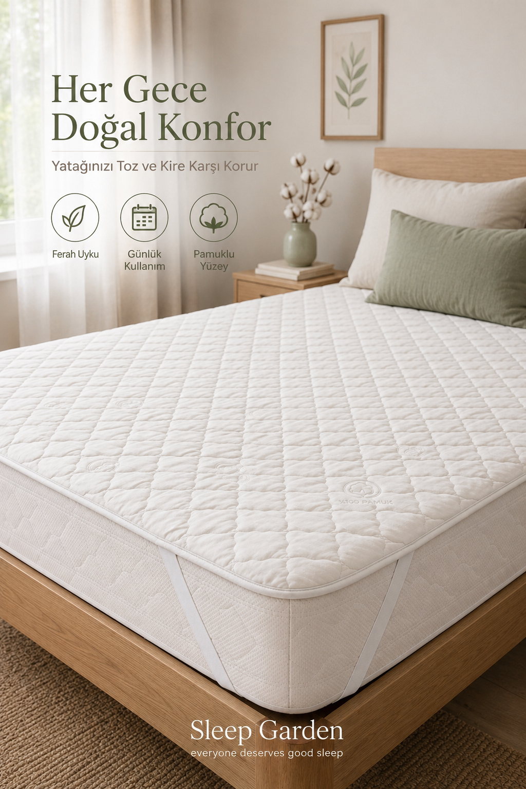 Sleep Garden %100 Pamuk Kapitoneli Köşe Lastikli Yatak Koruyucu Alez Sleep Garden Pamuk Dört Köşe Lastikli Yatak Alezi Çantalı Sleep Garden