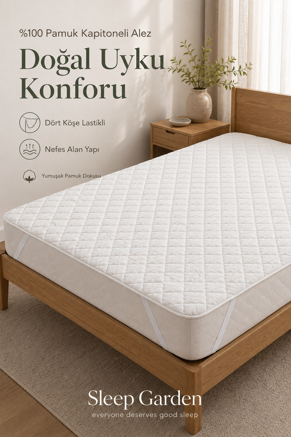 Sleep Garden %100 Pamuk Kapitoneli Köşe Lastikli Yatak Koruyucu Alez Sleep Garden Pamuk Dört Köşe Lastikli Yatak Alezi Çantalı Sleep Garden