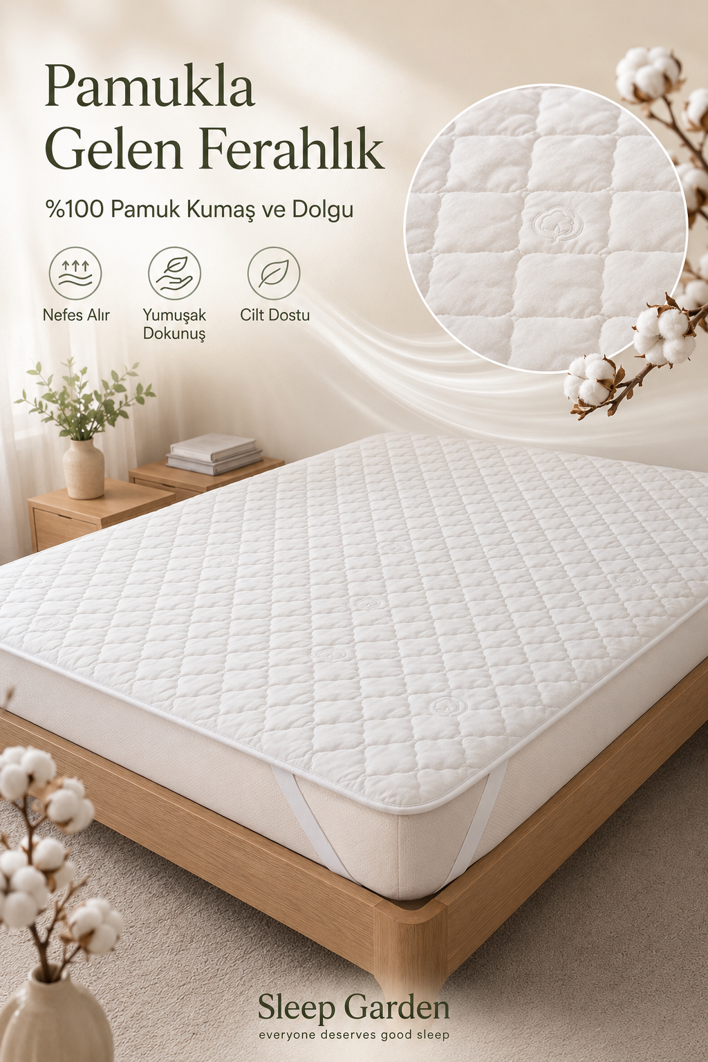 Sleep Garden %100 Pamuk Kapitoneli Köşe Lastikli Yatak Koruyucu Alez Sleep Garden Pamuk Dört Köşe Lastikli Yatak Alezi Çantalı Sleep Garden