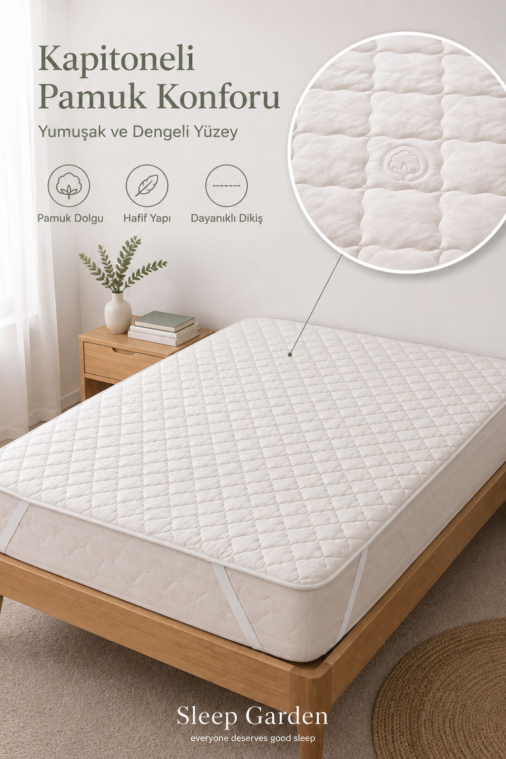 Sleep Garden %100 Pamuk Kapitoneli Köşe Lastikli Yatak Koruyucu Alez Sleep Garden Pamuk Dört Köşe Lastikli Yatak Alezi Çantalı Sleep Garden