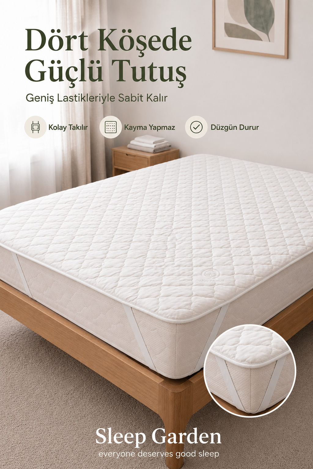Sleep Garden %100 Pamuk Kapitoneli Köşe Lastikli Yatak Koruyucu Alez Sleep Garden Pamuk Dört Köşe Lastikli Yatak Alezi Çantalı Sleep Garden