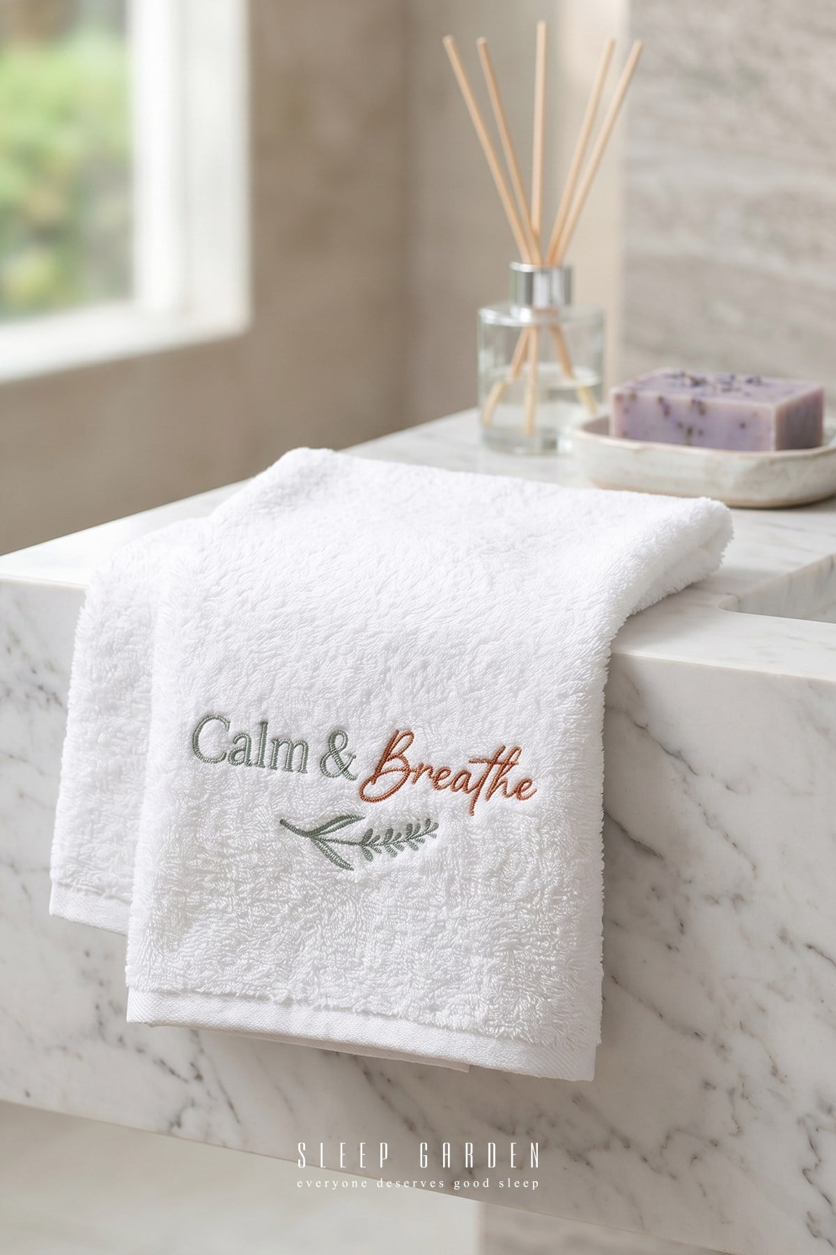 Sleep Garden %100 Pamuk Nakışlı Tasarım Calm Breathe Yazılı Desen El ve Yüz Havlusu 50x90 cm Sleep Garden