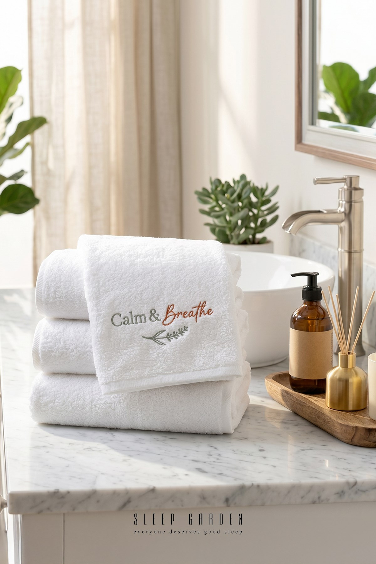 Sleep Garden %100 Pamuk Nakışlı Tasarım Calm Breathe Yazılı Desen El ve Yüz Havlusu 50x90 cm Sleep Garden