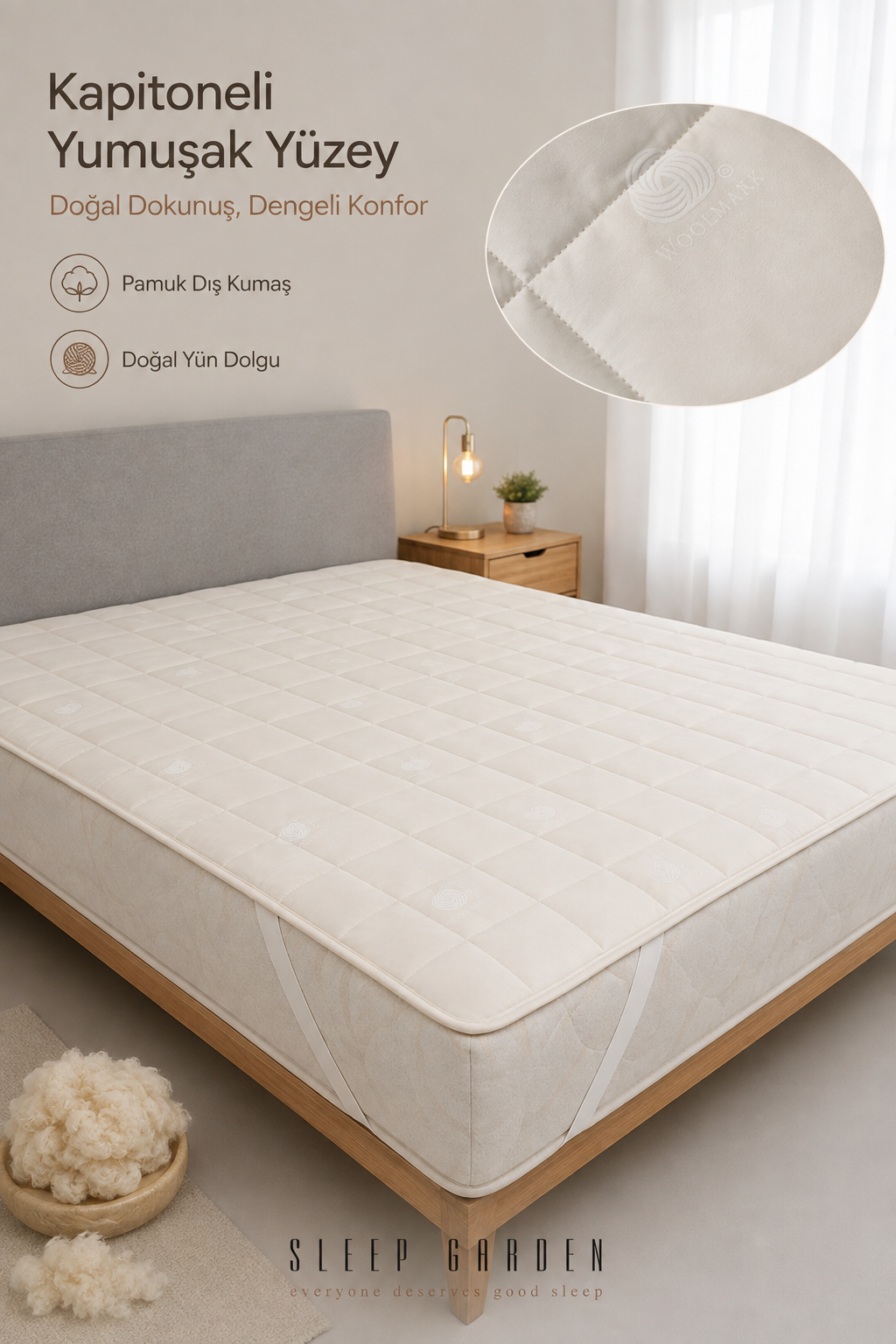 Sleep Garden %100 Yün Kapitoneli Lastikli Yatak Koruyucu AlezSleep Garden Yün Yatak Alezi Lastikli Çantalı Sleep Garden