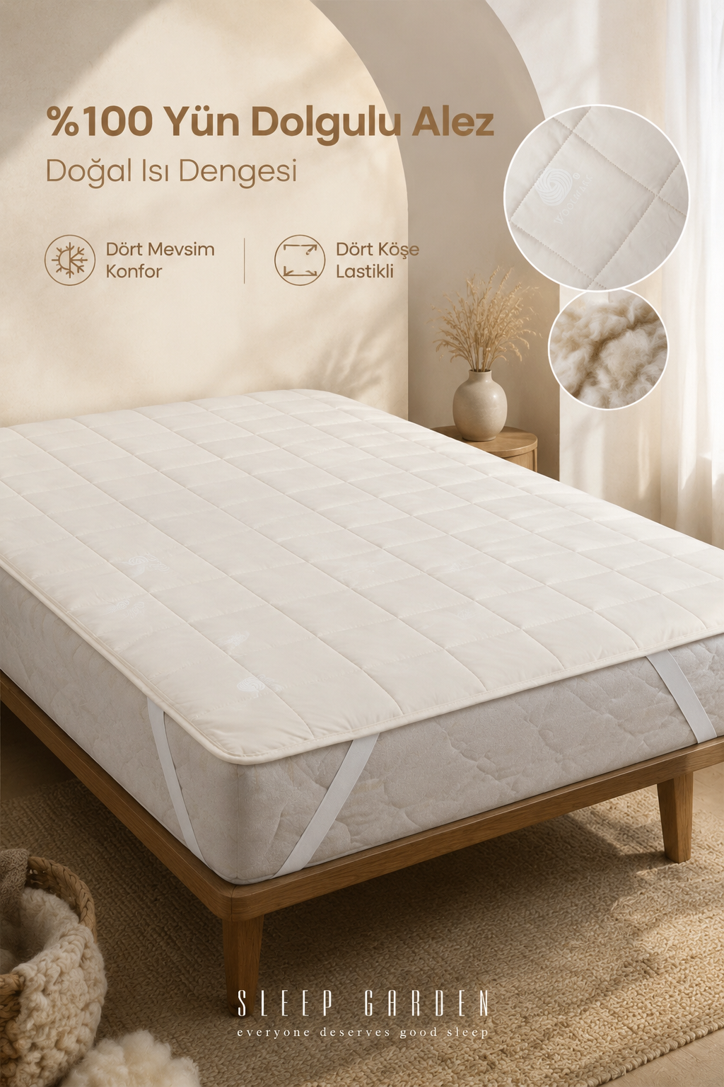 Sleep Garden %100 Yün Kapitoneli Lastikli Yatak Koruyucu AlezSleep Garden Yün Yatak Alezi Lastikli Çantalı Sleep Garden