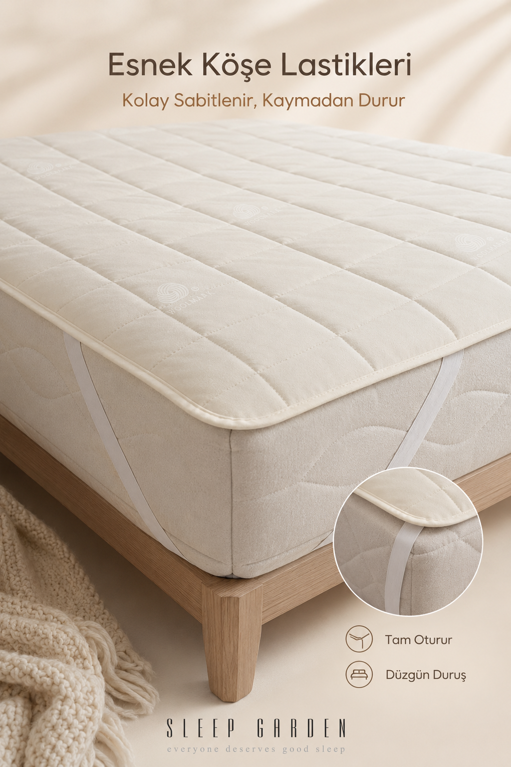 Sleep Garden %100 Yün Kapitoneli Lastikli Yatak Koruyucu AlezSleep Garden Yün Yatak Alezi Lastikli Çantalı Sleep Garden