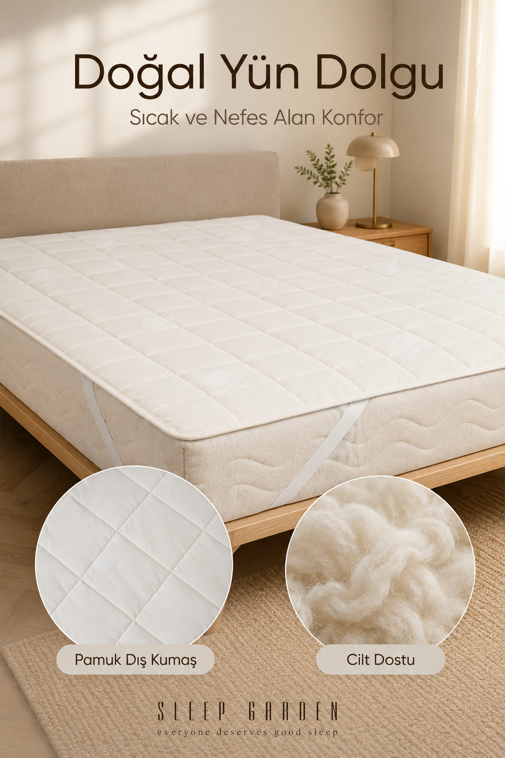 Sleep Garden %100 Yün Kapitoneli Lastikli Yatak Koruyucu AlezSleep Garden Yün Yatak Alezi Lastikli Çantalı Sleep Garden