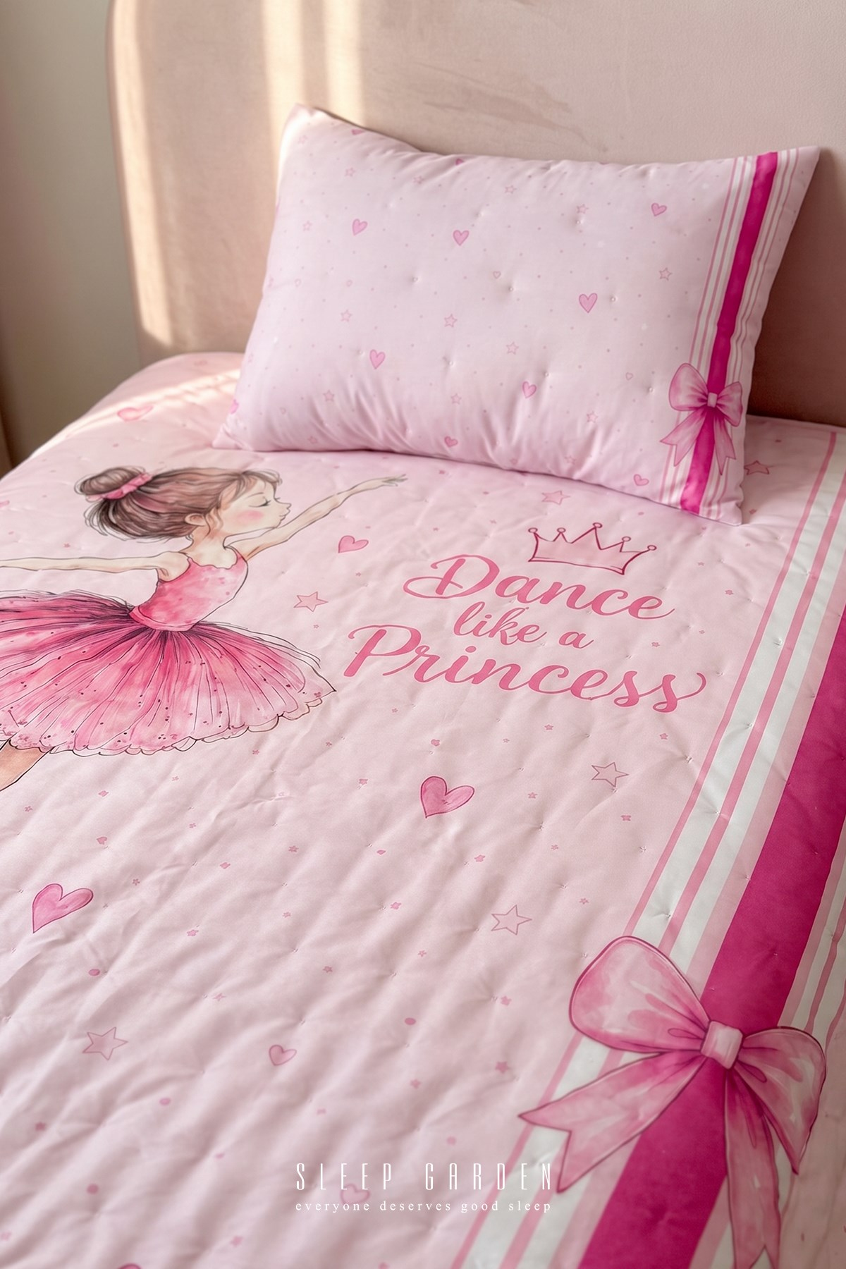 Sleep Garden Balerin Desenli Kız Çocuk Yatak Örtüsü Seti Kapitoneli Pembe 160x220 cm Sleep Garden
